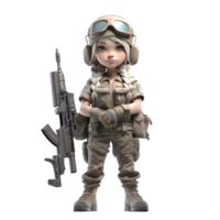 redo för verkan en 3d söt flicka armén karaktär med pistol png transparent bakgrund