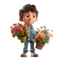 Artistic 3D Florist Boy with Watering Can Perfect for Gardening or Landscaping Designs PNG Transparent Background