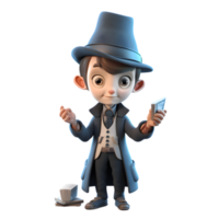 Mystical 3D Boy Magician with Wand and Hat Ideal for Fantasy or Magic Themed Art PNG Transparent Background