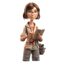 3D Journalist Girl with a Microphone and Notebook PNG Transparent Background