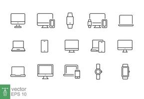 moderno dispositivos Delgado línea icono colocar. sencillo contorno estilo. computadora, computadora portátil, monitor pantalla, artilugio, ordenador personal, teléfono, reloj inteligente. vector ilustración aislado en un blanco antecedentes. eps 10