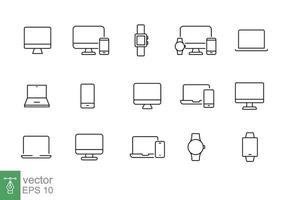 moderno dispositivos Delgado línea icono colocar. sencillo contorno estilo. computadora, computadora portátil, monitor pantalla, artilugio, ordenador personal, teléfono, reloj inteligente. vector ilustración aislado en un blanco antecedentes. eps 10