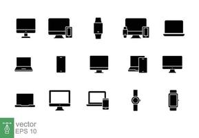 moderno dispositivos icono colocar. sencillo sólido estilo. computadora, computadora portátil, monitor pantalla, artilugio, ordenador personal, teléfono, reloj inteligente. silueta, glifo símbolo. vector ilustración aislado en un blanco antecedentes. eps 10