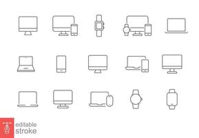 moderno dispositivos Delgado línea icono colocar. sencillo contorno estilo. computadora, computadora portátil, monitor pantalla, artilugio, ordenador personal, teléfono, reloj inteligente. vector ilustración aislado en un blanco antecedentes. editable carrera eps 10