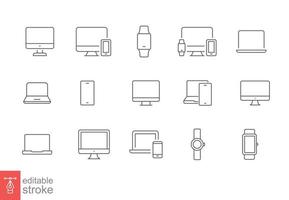 moderno dispositivos Delgado línea icono colocar. sencillo contorno estilo. computadora, computadora portátil, monitor pantalla, artilugio, ordenador personal, teléfono, reloj inteligente. vector ilustración aislado en un blanco antecedentes. editable carrera eps 10