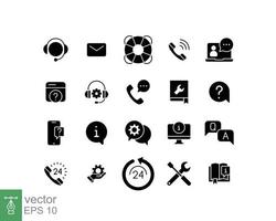 Help and support glyph icon set. Simple solid style symbol for web template and app. Online service, call center, contact phone concept. Vector illustration isolated on white background. EPS 10.