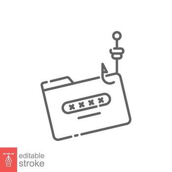 Data theft icon. Digital crime, malware, security hack, password phishing concept. Simple outline style. Thin line symbol. Vector illustration isolated on white background. Editable stroke EPS 10.