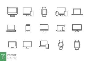 Modern devices thin line icon set. Simple outline style. Computer, laptop, monitor screen, gadget, pc, phone, smartwatch. Vector illustration isolated on a white background. EPS 10.