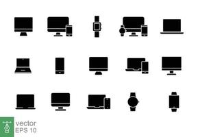 moderno dispositivos icono colocar. sencillo sólido estilo. computadora, computadora portátil, monitor pantalla, artilugio, ordenador personal, teléfono, reloj inteligente. silueta, glifo símbolo. vector ilustración aislado en un blanco antecedentes. eps 10