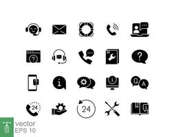 Help and support glyph icon set. Simple solid style symbol for web template and app. Online service, call center, contact phone concept. Vector illustration isolated on white background. EPS 10.