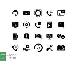 Help and support glyph icon set. Simple solid style symbol for web template and app. Online service, call center, contact phone concept. Vector illustration isolated on white background. EPS 10.