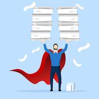 effective or productive concept, Handle busy work, organize paperwork or paperwork, manage workload or complete multiple tasks within deadline, businessman superhero carrying multiple documents. vector