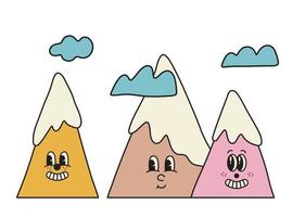 Abstract vector illustration of cute mountains with smiling faces. Psychedelic nature scenery in vintage groovy style.