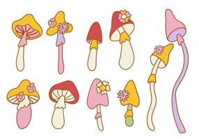 Set of mushrooms in the style of the 70s. Psychedelic abstract mushrooms, hippie style. vector