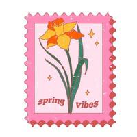 Beautiful retro hand-drawn post stamp with Daffodils. Spring vibes greeting card. vector