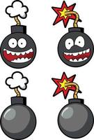 Old rounded bomb with fuse burning rope with eveil or scared face in different positions fire cracking vector illustration