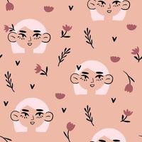 Vector seamless pattern with blond hair girl portraits. Red hair women. Spring girl pattern on light background. Vector illustration