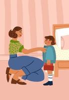 Mother helping son to get dressed. Mother and son illustration on light background. . Vector illustration