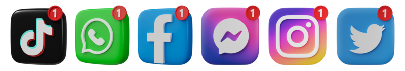 Social media icons with new notification isolated on transparent background. Instagram, Facebook, Messenger, Twitter, TikTok, Whatsapp logo set. 3D editorial illustration. png