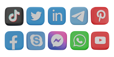 Social media icons on transparent background. Instagram, Facebook, Messenger, Twitter, TikTok, Whatsapp, Youtube, logo set. 3D editorial illustration. png