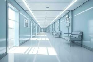 Long hospital bright corridor with rooms and blue seats 3D rendering photo