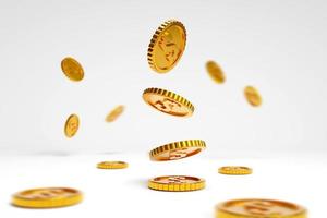 Golden dollar coins fall on white background. concept of financial exchange rates Funds and Profits. photo