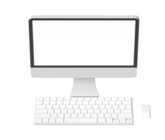 3d computer display with blank screen mockup. desktop PC with keyboard and mouse. isolated on transparent background png