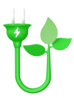 3D rendering, Green electric plug power icon with plant and leaf shape isolated on transparent background png