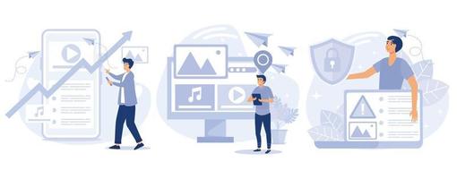 Mass media concept,  High ROI content, news aggregator software, media content control and monitoring, digital strategy, social media marketing, set flat vector modern illustration