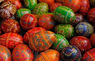 Beautiful colorful decor for Easter. Traditional Easter painted colorful eggs. Selective focus. photo