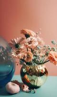 Aesthetic Vase Of Flowers On Pink Background. 3d Composition photo