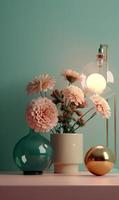 a vase of flowers on the table next to the golden ball. photo