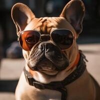 Cute bulldog wearing sunglasses on sunny day photo