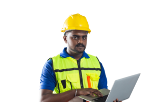 trabajador hombre con computadora portátil, hombre en difícil sombrero png