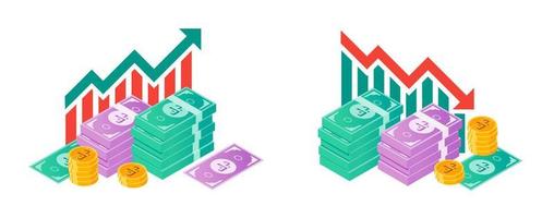 Kuwaiti Dinar Value Up and Down with Money Bundle Illustrations vector