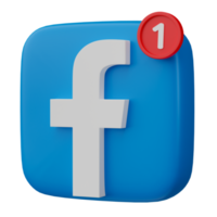 3D render, Facebook logo icon with new notification isolated on transparent background. png