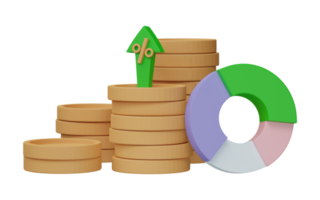 3D render. Business infographic with coinstack and statistic bars chart isolated on transparent background. Financial line graphs and charts for presentation and finance report. png