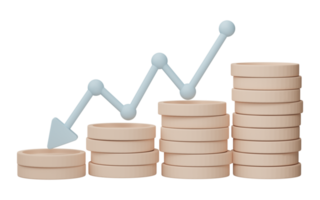 3D render. Business infographic with coinstack and statistic bars chart isolated on transparent background. Financial line graphs and charts for presentation and finance report. png