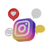 3D render instagram logo isolated on transparent background. social media icons like notifications speech bubble icon, heart, love, comment. png