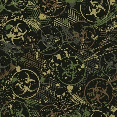 Seamless colorful camouflage pattern with Biological hazard symbol, paint brush strokes, skull and crossbones, hexagon net. For apparel, fabric, textile, sport goods. Grunge texture