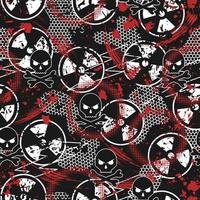 Seamless black, white, red pattern with ionizing radiation symbol, paint brush strokes, skull and crossbones, hexagon net. Good for apparel, fabric, textile, sport goods. Grunge texture vector