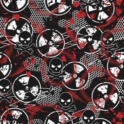 Seamless black, white, red pattern with ionizing radiation symbol, paint brush strokes, skull and crossbones, hexagon net. Good for apparel, fabric, textile, sport goods. Grunge texture