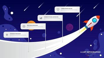 4 4 lista de pasos diagrama con escalera nivel secuencia, infografía elemento modelo con cohete en el espacio ilustración vector