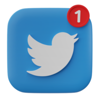 3D twitter logo icon with new notification isolated on transparent background. png