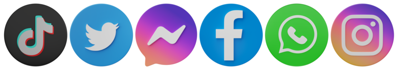 Social media icons on transparent background. Instagram, Facebook, Messenger, Twitter, TikTok, Whatsapp logo set. 3D editorial illustration. png