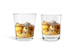 Elegant whiskey glass with ice cubes isolated on white background photo