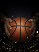 Basketball ball in male hands on black background with abstract lights photo