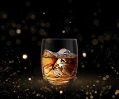 Glass of whiskey nestled on dark background, with abstract lights. 3d render photo