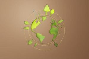 3d Rendering. Planet earth icon eco papercut on brown background. Earth day concept. with copy space. photo