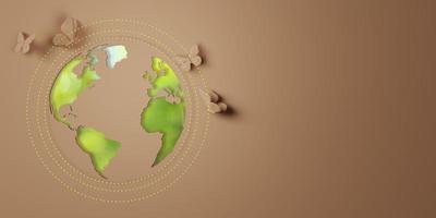 3d Rendering. Planet earth icon eco papercut on brown background. Earth day concept. with copy space. photo